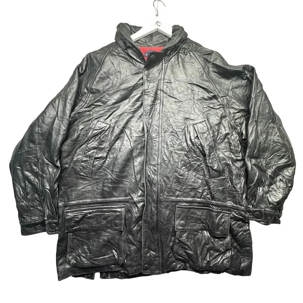 Vintage 90s Nautica Genuine Leather Red Lined Coat Mens 48 XL Hooded Pockets